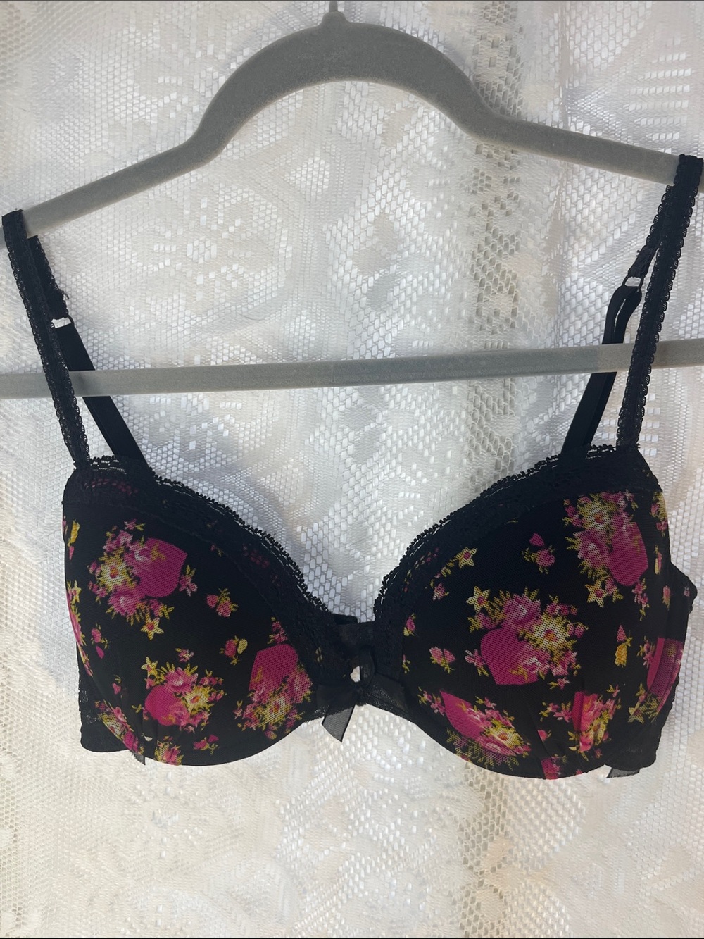 Betsy Johnson Black Floral Lace Trim Push-Up Bra - Pink Floral 34B